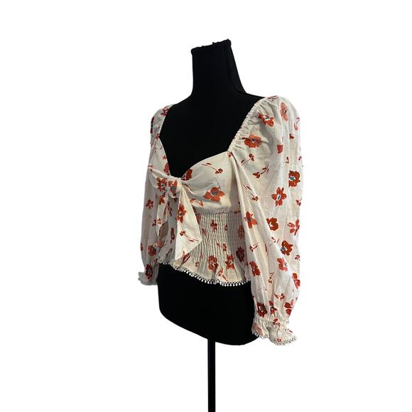 NWT Zara Linen Blend Floral Print Ruched Cream Print Blouse xs - Picture 4 of 12